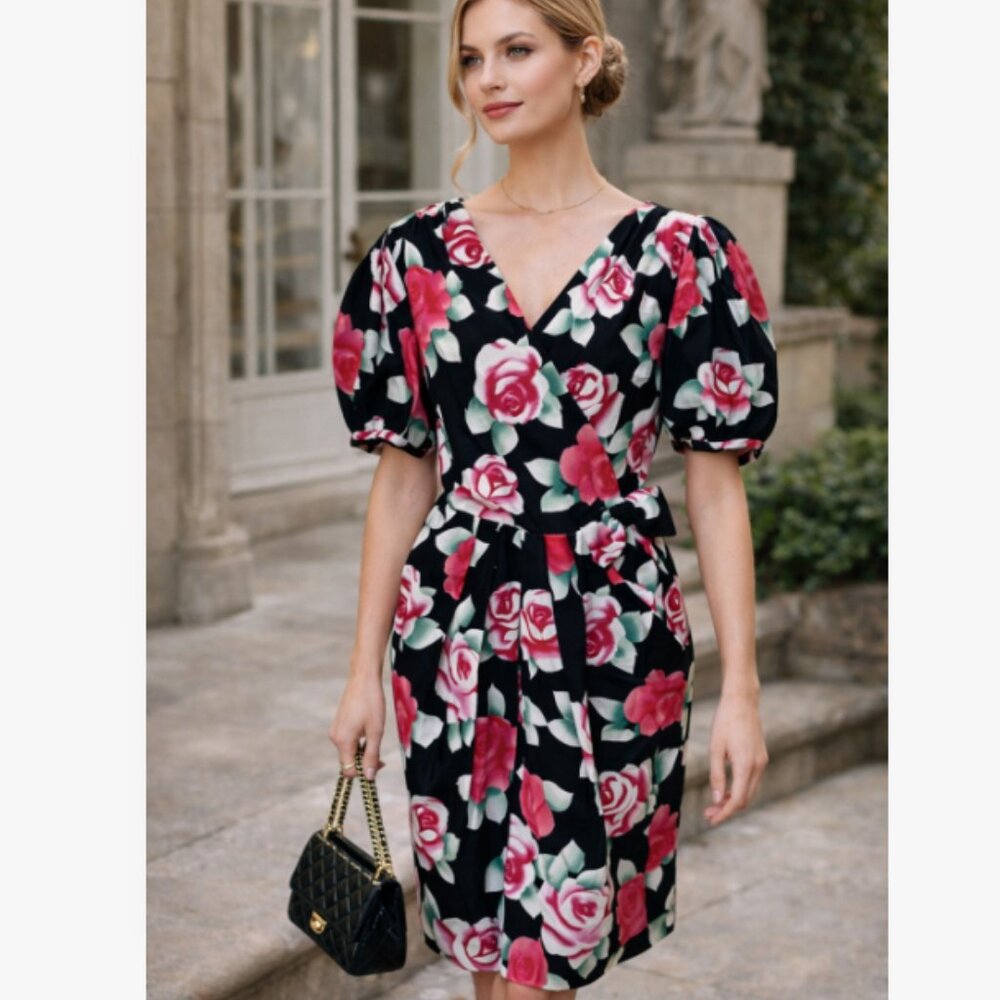 Vintage Nipon Boutique Silk Dress 8 Black Airbrushed Roses Side Bow Wrap Look